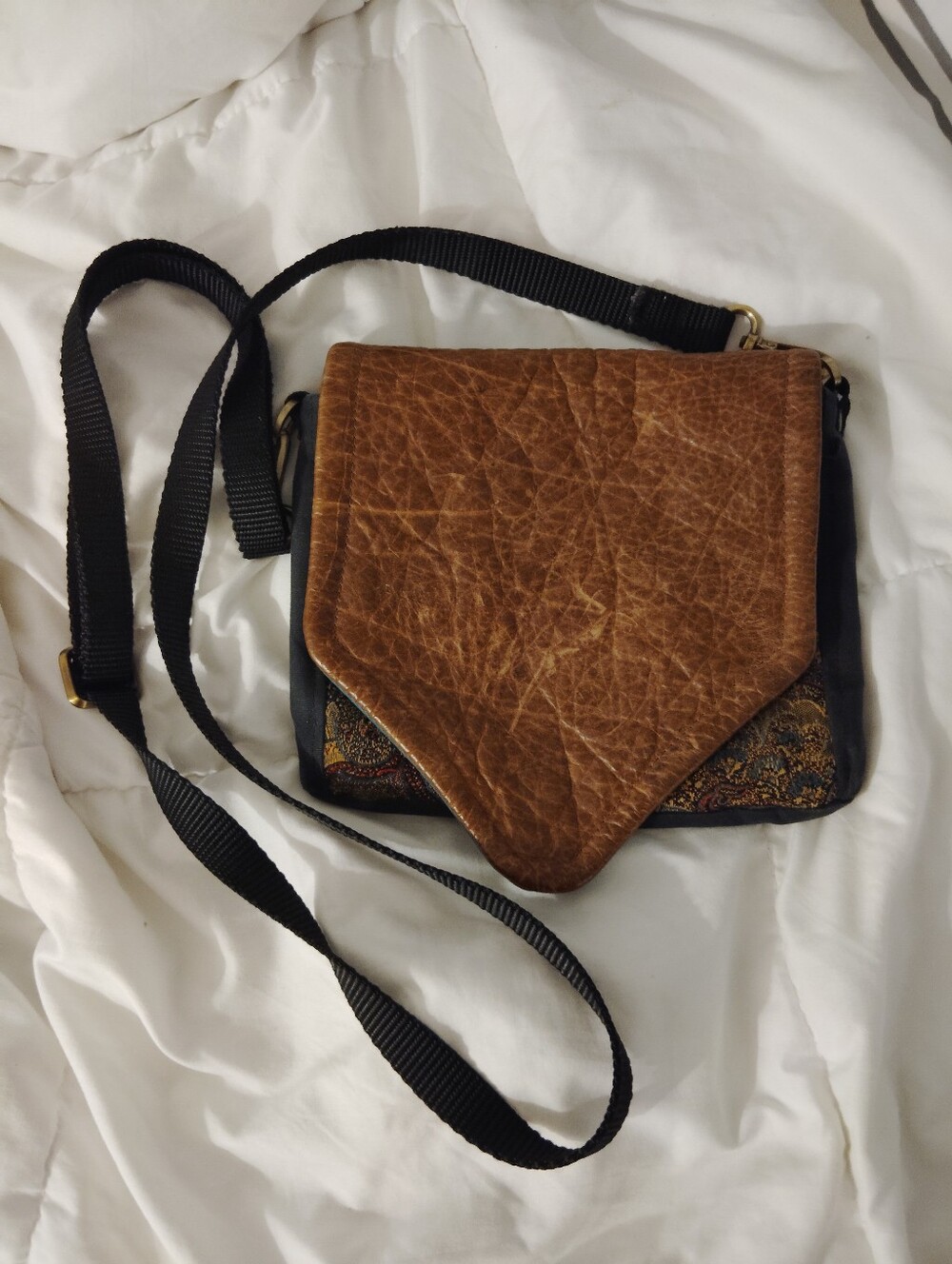 Porteen Brown Leather Fabric Camera Case Adjustable Nylon Strap